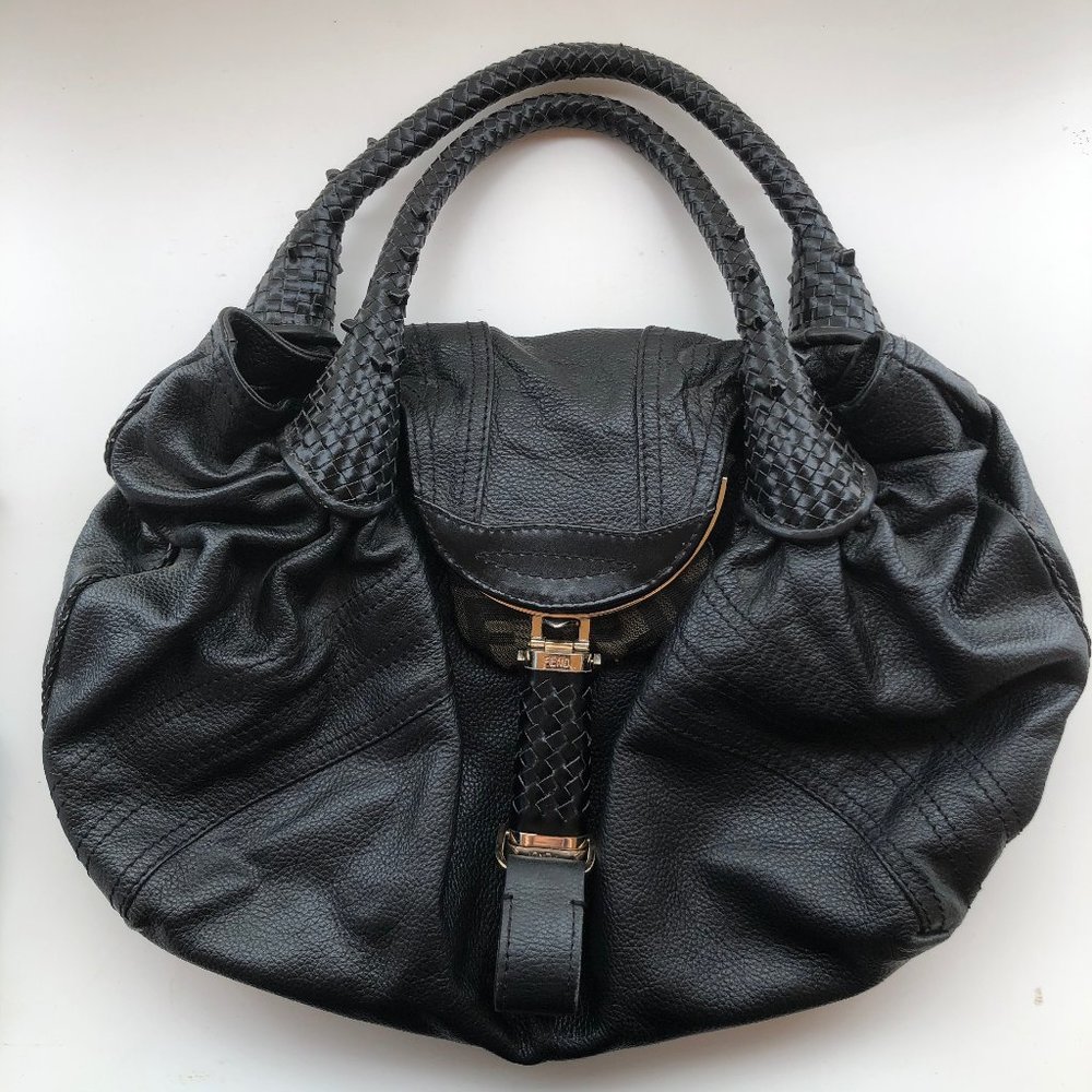 FENDI SPY BAG HOBO BLACK LEATHER ZUCCA LINING AUTH